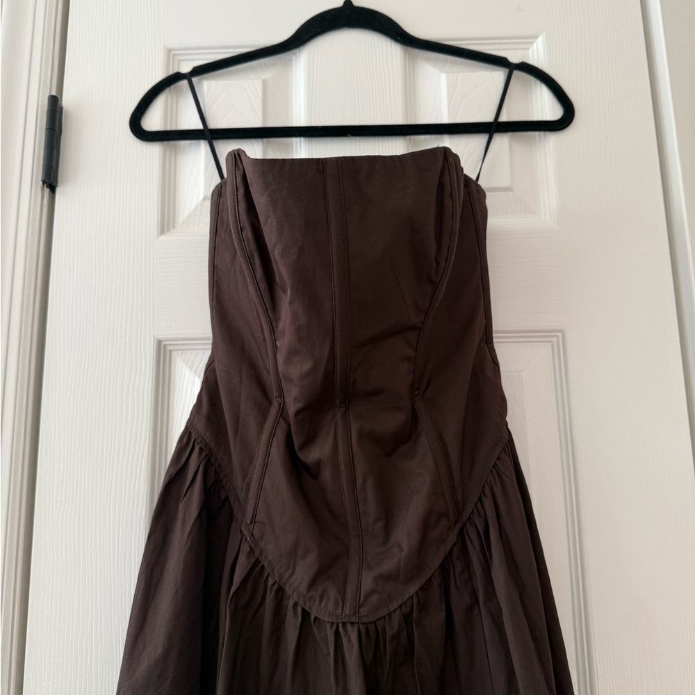 LPA Giana Strapless Boned Bodice Cotton Dress Chocolate Brown NEW with tags - Picture 5 of 13